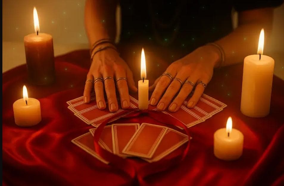 Rituales de amor y hechizos espirituales - Velas encendidas y símbolos místicos para amarres de amor