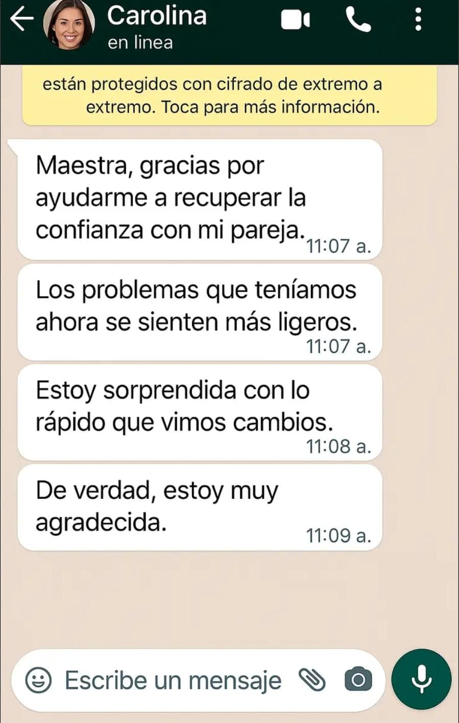 Testimonio real de cliente satisfecho con amarre de amor efectivo - Captura de WhatsApp